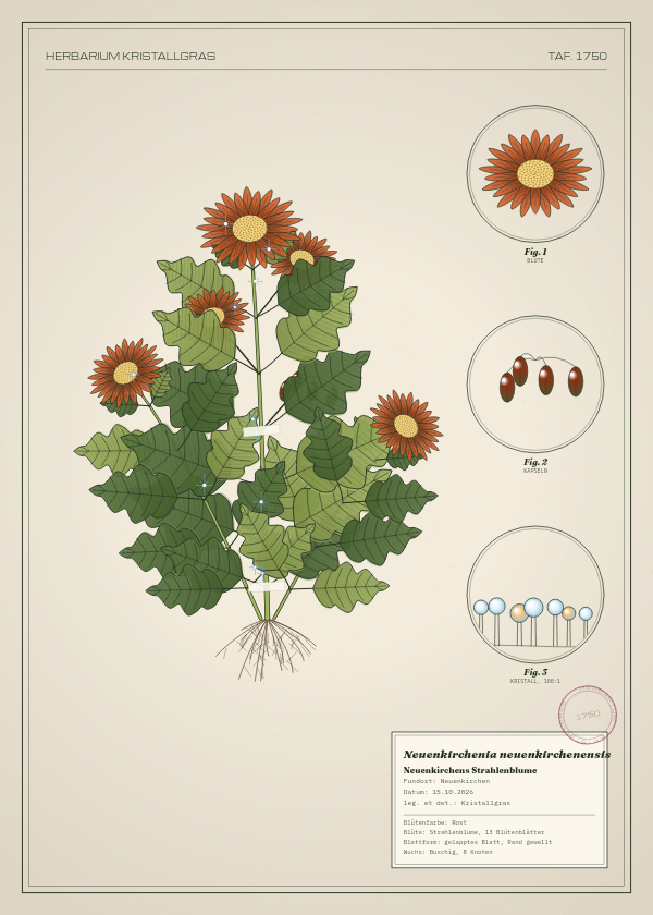 Botanische Tafel: Neuenkirchenia neuenkirchenensis, eine erfundene Pflanze aus Neuenkirchen, gezeichnet wie in einem alten Pflanzenatlas