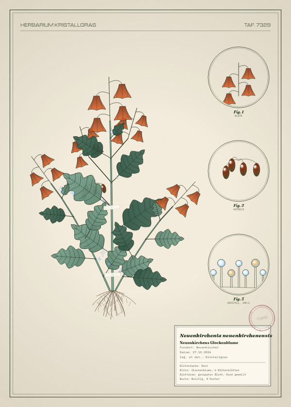Botanische Tafel: Neuenkirchenia neuenkirchenensis, eine erfundene Pflanze aus Neuenkirchen, gezeichnet wie in einem alten Pflanzenatlas