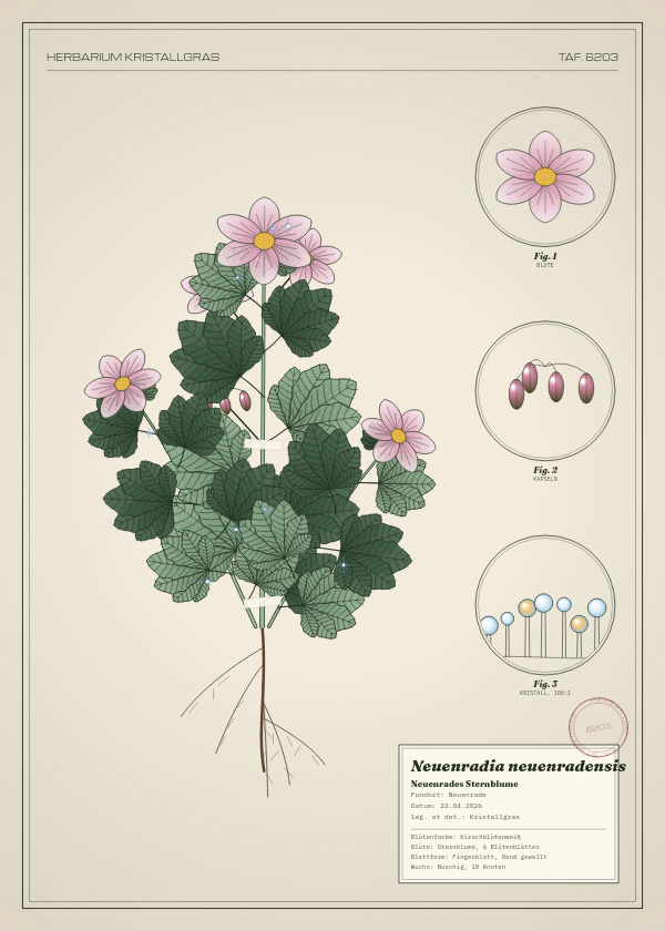 Botanische Tafel: Neuenradia neuenradensis, eine erfundene Pflanze aus Neuenrade, gezeichnet wie in einem alten Pflanzenatlas