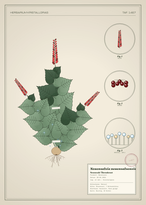 Botanische Tafel: Neuensalzia neuensalzensis, eine erfundene Pflanze aus Neuensalz, gezeichnet wie in einem alten Pflanzenatlas