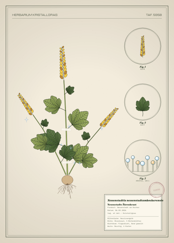 Botanische Tafel: Neuenstadtia neuenstadtamkocherensis, eine erfundene Pflanze aus Neuenstadt am Kocher, gezeichnet wie in einem alten Pflanzenatlas