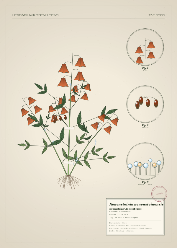 Botanische Tafel: Neuensteinia neuensteinensis, eine erfundene Pflanze aus Neuenstein, gezeichnet wie in einem alten Pflanzenatlas