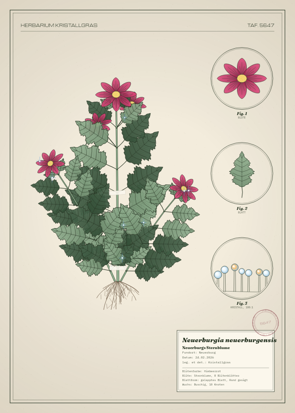 Botanische Tafel: Neuerburgia neuerburgensis, eine erfundene Pflanze aus Neuerburg, gezeichnet wie in einem alten Pflanzenatlas