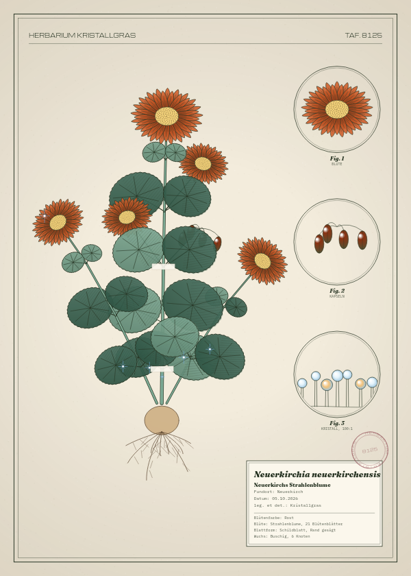 Botanische Tafel: Neuerkirchia neuerkirchensis, eine erfundene Pflanze aus Neuerkirch, gezeichnet wie in einem alten Pflanzenatlas
