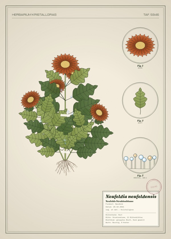 Botanische Tafel: Neufeldia neufeldensis, eine erfundene Pflanze aus Neufeld, gezeichnet wie in einem alten Pflanzenatlas