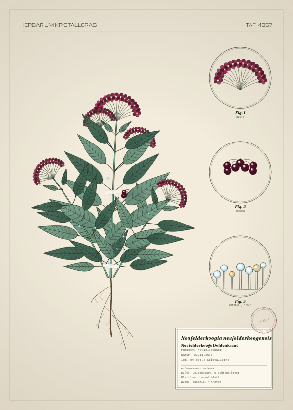 Botanische Tafel: Neufelderkoogia neufelderkoogensis, eine erfundene Pflanze aus Neufelderkoog, gezeichnet wie in einem alten Pflanzenatlas