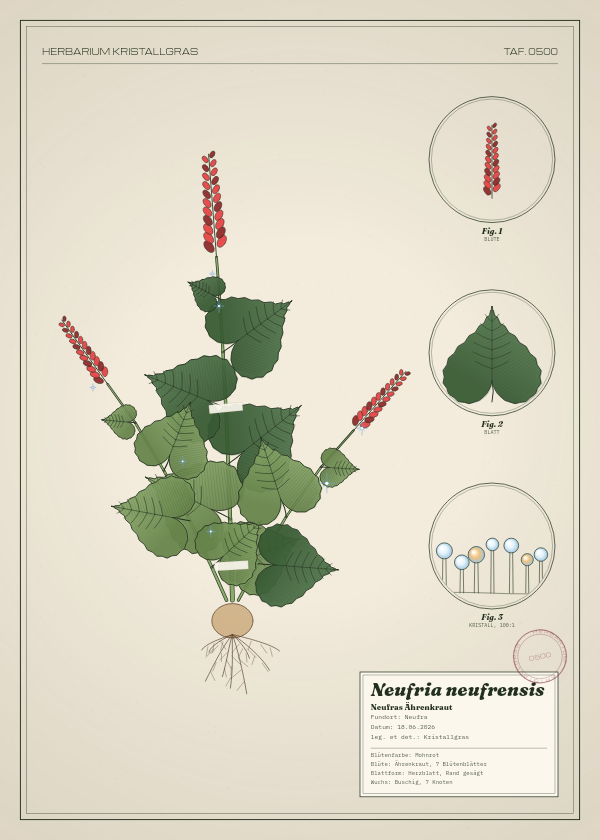 Botanische Tafel: Neufria neufrensis, eine erfundene Pflanze aus Neufra, gezeichnet wie in einem alten Pflanzenatlas