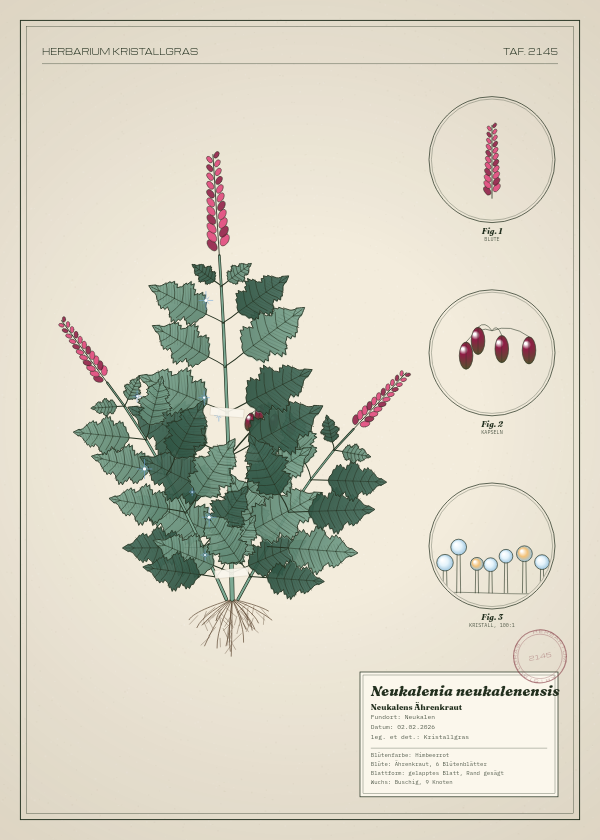 Botanische Tafel: Neukalenia neukalenensis, eine erfundene Pflanze aus Neukalen, gezeichnet wie in einem alten Pflanzenatlas