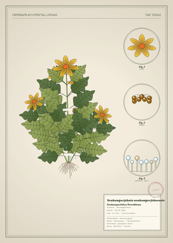 Botanische Tafel: Neukamperfehnia neukamperfehnensis, eine erfundene Pflanze aus Neukamperfehn, gezeichnet wie in einem alten Pflanzenatlas