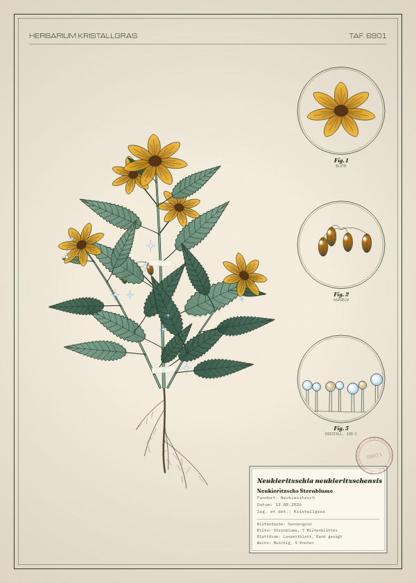 Botanische Tafel: Neukieritzschia neukieritzschensis, eine erfundene Pflanze aus Neukieritzsch, gezeichnet wie in einem alten Pflanzenatlas