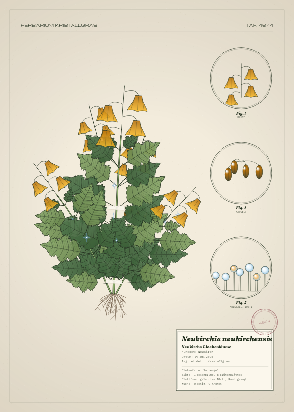 Botanische Tafel: Neukirchia neukirchensis, eine erfundene Pflanze aus Neukirch, gezeichnet wie in einem alten Pflanzenatlas