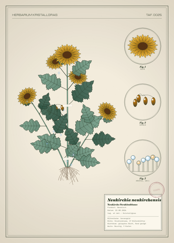 Botanische Tafel: Neukirchia neukirchensis, eine erfundene Pflanze aus Neukirch, gezeichnet wie in einem alten Pflanzenatlas