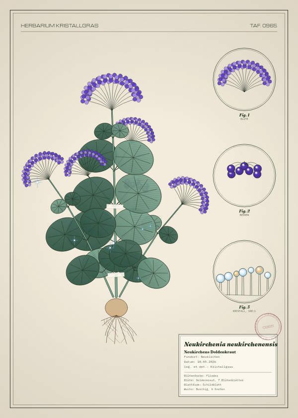 Botanische Tafel: Neukirchenia neukirchenensis, eine erfundene Pflanze aus Neukirchen, gezeichnet wie in einem alten Pflanzenatlas