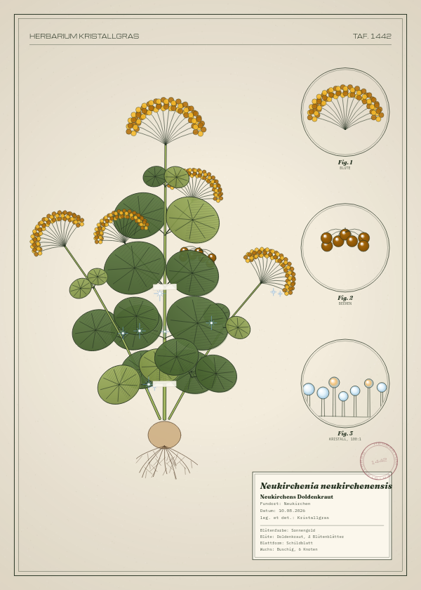 Botanische Tafel: Neukirchenia neukirchenensis, eine erfundene Pflanze aus Neukirchen, gezeichnet wie in einem alten Pflanzenatlas