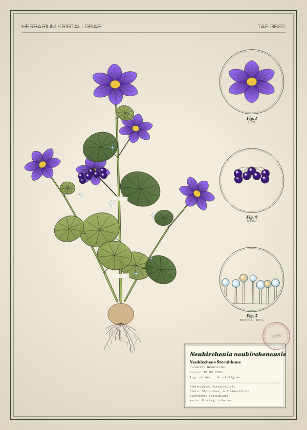 Botanische Tafel: Neukirchenia neukirchenensis, eine erfundene Pflanze aus Neukirchen, gezeichnet wie in einem alten Pflanzenatlas