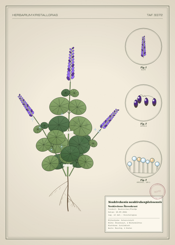 Botanische Tafel: Neukirchenia neukirchenpleissensis, eine erfundene Pflanze aus Neukirchen/Pleiße, gezeichnet wie in einem alten Pflanzenatlas