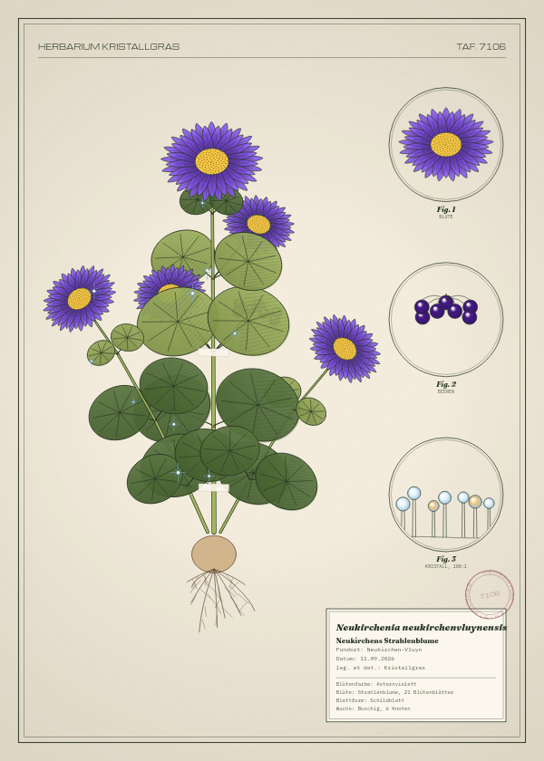 Botanische Tafel: Neukirchenia neukirchenvluynensis, eine erfundene Pflanze aus Neukirchen-Vluyn, gezeichnet wie in einem alten Pflanzenatlas