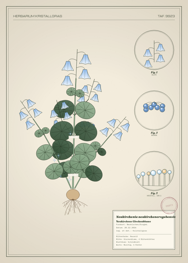 Botanische Tafel: Neukirchenia neukirchenerzgebensis, eine erfundene Pflanze aus Neukirchen/Erzgeb., gezeichnet wie in einem alten Pflanzenatlas