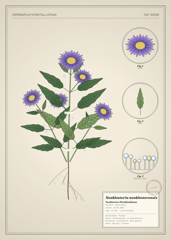 Botanische Tafel: Neuklosteria neuklosterensis, eine erfundene Pflanze aus Neukloster, gezeichnet wie in einem alten Pflanzenatlas