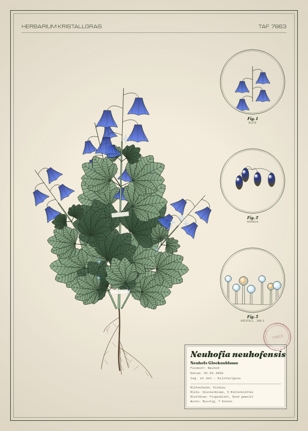 Botanische Tafel: Neuhofia neuhofensis, eine erfundene Pflanze aus Neuhof, gezeichnet wie in einem alten Pflanzenatlas