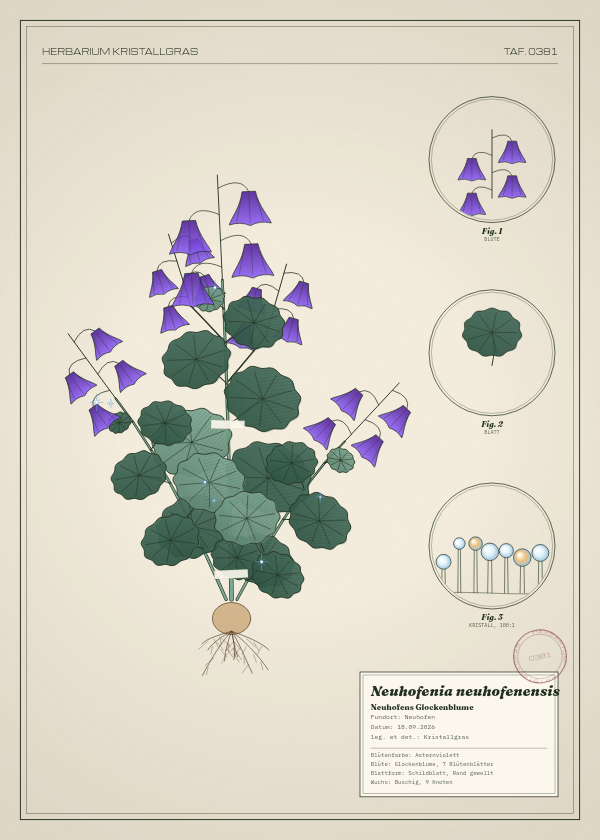 Botanische Tafel: Neuhofenia neuhofenensis, eine erfundene Pflanze aus Neuhofen, gezeichnet wie in einem alten Pflanzenatlas