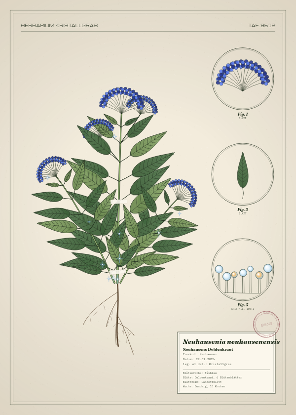 Botanische Tafel: Neuhausenia neuhausenensis, eine erfundene Pflanze aus Neuhausen, gezeichnet wie in einem alten Pflanzenatlas