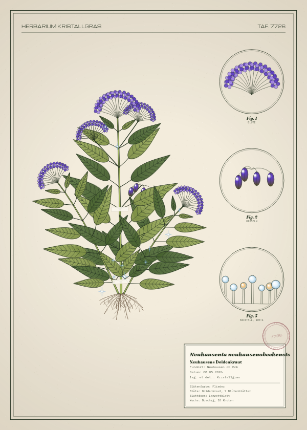 Botanische Tafel: Neuhausenia neuhausenobeckensis, eine erfundene Pflanze aus Neuhausen ob Eck, gezeichnet wie in einem alten Pflanzenatlas