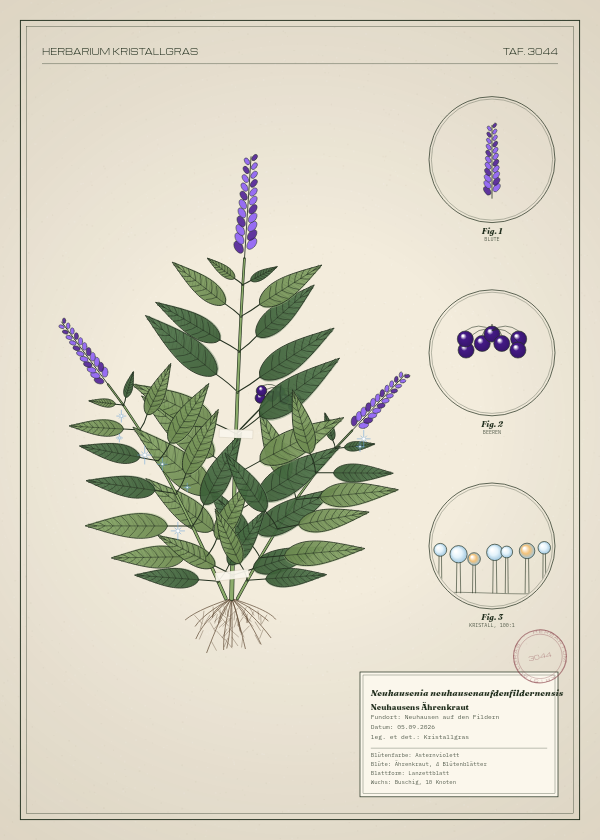 Botanische Tafel: Neuhausenia neuhausenaufdenfildernensis, eine erfundene Pflanze aus Neuhausen auf den Fildern, gezeichnet wie in einem alten Pflanzenatlas
