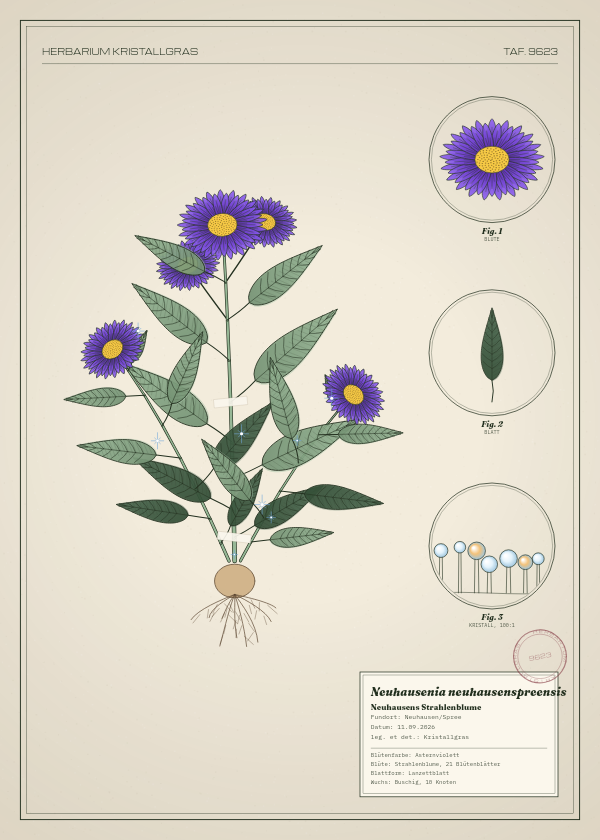Botanische Tafel: Neuhausenia neuhausenspreensis, eine erfundene Pflanze aus Neuhausen/Spree, gezeichnet wie in einem alten Pflanzenatlas