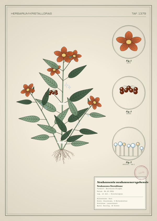 Botanische Tafel: Neuhausenia neuhausenerzgebensis, eine erfundene Pflanze aus Neuhausen/Erzgeb., gezeichnet wie in einem alten Pflanzenatlas