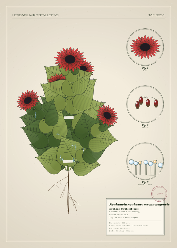 Botanische Tafel: Neuhausia neuhausamrennwegensis, eine erfundene Pflanze aus Neuhaus am Rennweg, gezeichnet wie in einem alten Pflanzenatlas