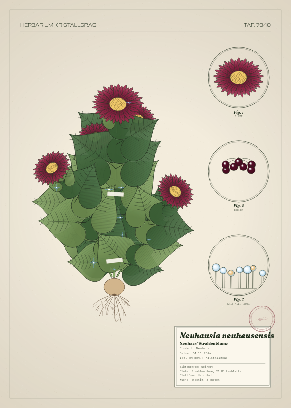 Botanische Tafel: Neuhausia neuhausensis, eine erfundene Pflanze aus Neuhaus, gezeichnet wie in einem alten Pflanzenatlas