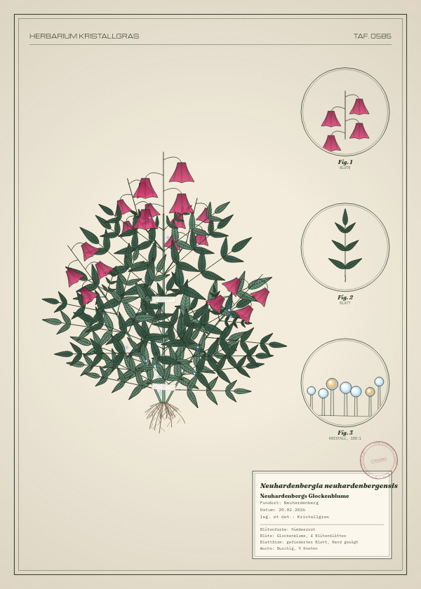 Botanische Tafel: Neuhardenbergia neuhardenbergensis, eine erfundene Pflanze aus Neuhardenberg, gezeichnet wie in einem alten Pflanzenatlas