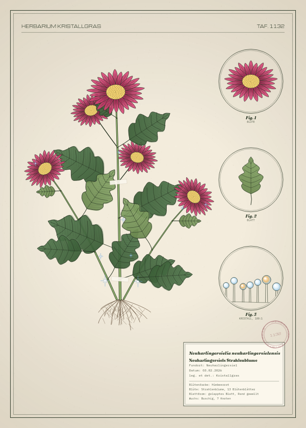 Botanische Tafel: Neuharlingersielia neuharlingersielensis, eine erfundene Pflanze aus Neuharlingersiel, gezeichnet wie in einem alten Pflanzenatlas