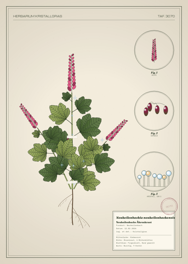 Botanische Tafel: Neuheilenbachia neuheilenbachensis, eine erfundene Pflanze aus Neuheilenbach, gezeichnet wie in einem alten Pflanzenatlas