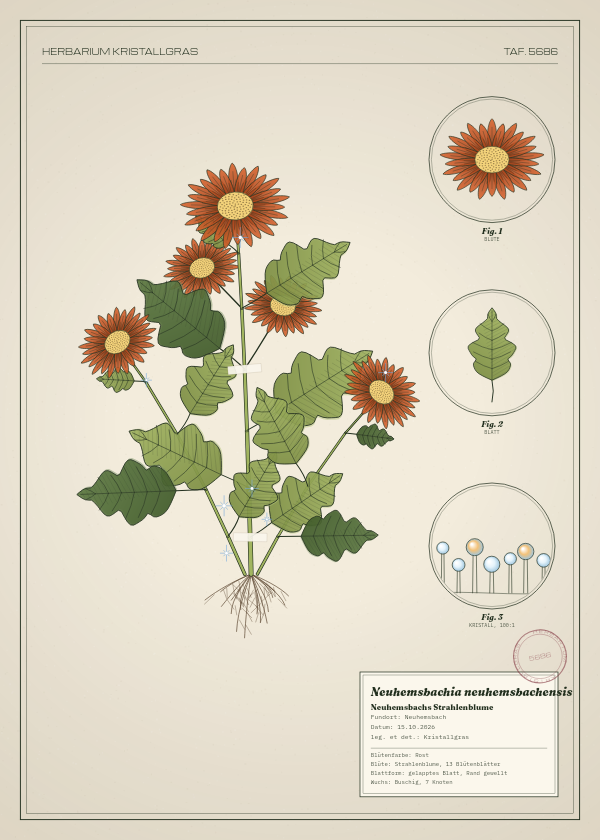Botanische Tafel: Neuhemsbachia neuhemsbachensis, eine erfundene Pflanze aus Neuhemsbach, gezeichnet wie in einem alten Pflanzenatlas