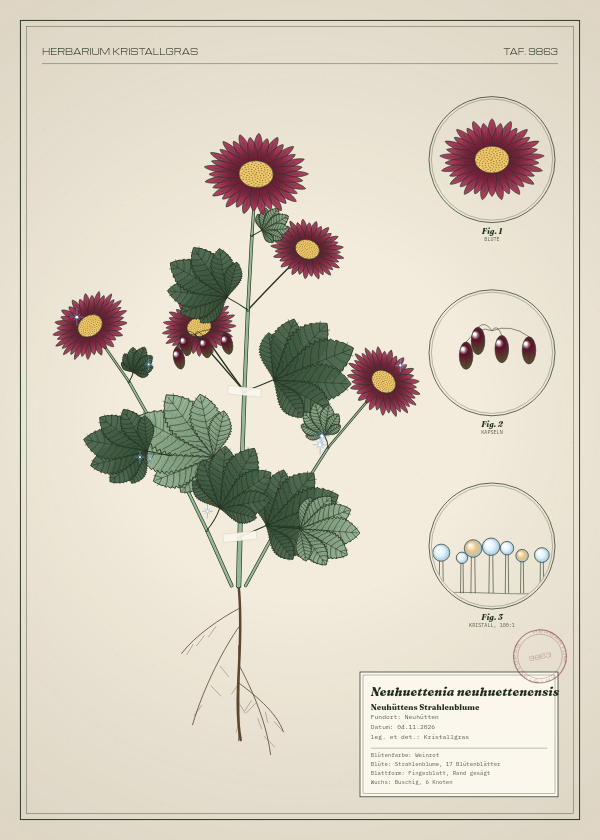 Botanische Tafel: Neuhuettenia neuhuettenensis, eine erfundene Pflanze aus Neuhütten, gezeichnet wie in einem alten Pflanzenatlas