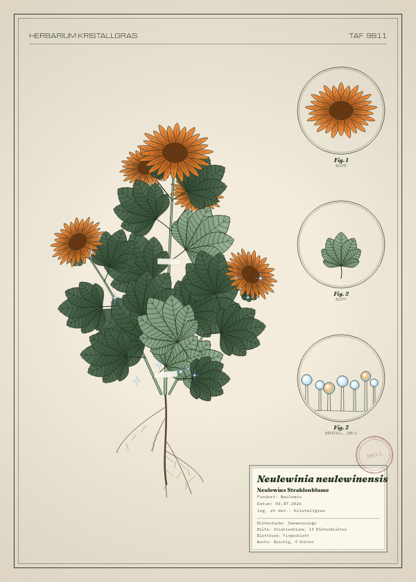Botanische Tafel: Neulewinia neulewinensis, eine erfundene Pflanze aus Neulewin, gezeichnet wie in einem alten Pflanzenatlas