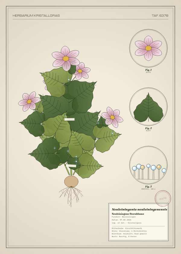Botanische Tafel: Neuleiningenia neuleiningenensis, eine erfundene Pflanze aus Neuleiningen, gezeichnet wie in einem alten Pflanzenatlas