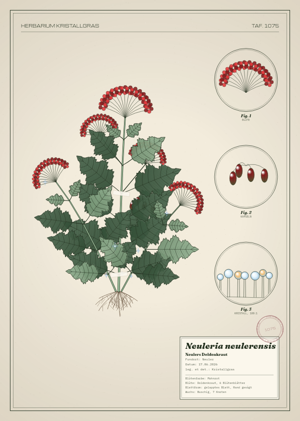Botanische Tafel: Neuleria neulerensis, eine erfundene Pflanze aus Neuler, gezeichnet wie in einem alten Pflanzenatlas