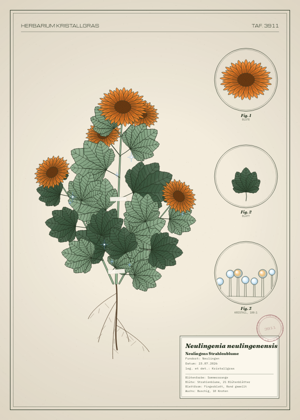 Botanische Tafel: Neulingenia neulingenensis, eine erfundene Pflanze aus Neulingen, gezeichnet wie in einem alten Pflanzenatlas