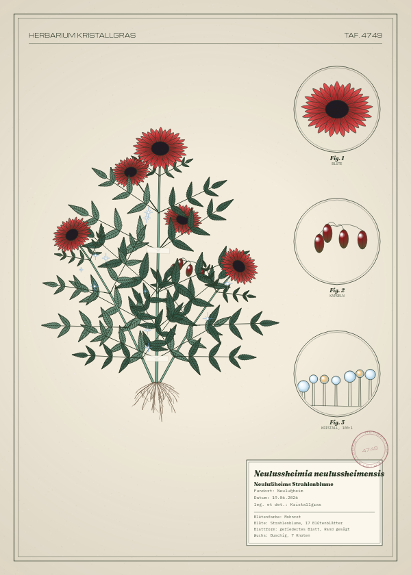 Botanische Tafel: Neulussheimia neulussheimensis, eine erfundene Pflanze aus Neulußheim, gezeichnet wie in einem alten Pflanzenatlas