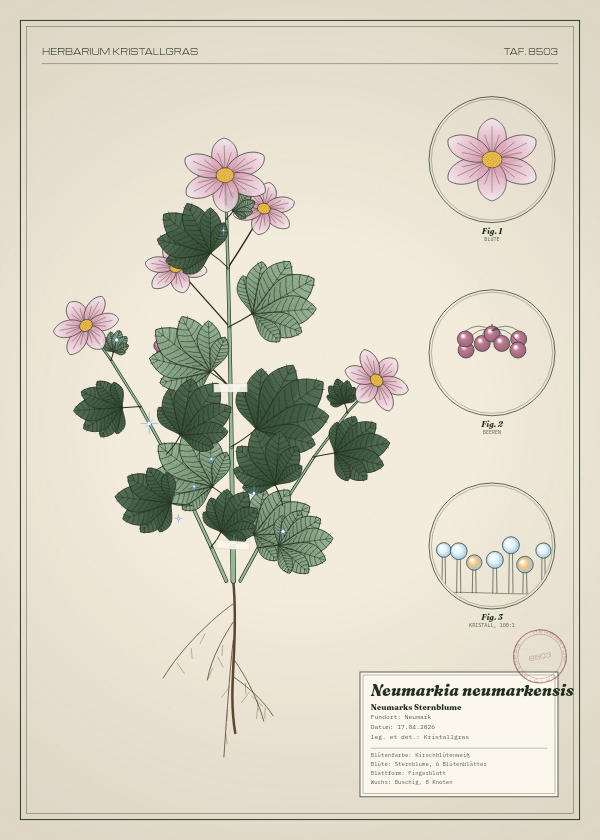 Botanische Tafel: Neumarkia neumarkensis, eine erfundene Pflanze aus Neumark, gezeichnet wie in einem alten Pflanzenatlas