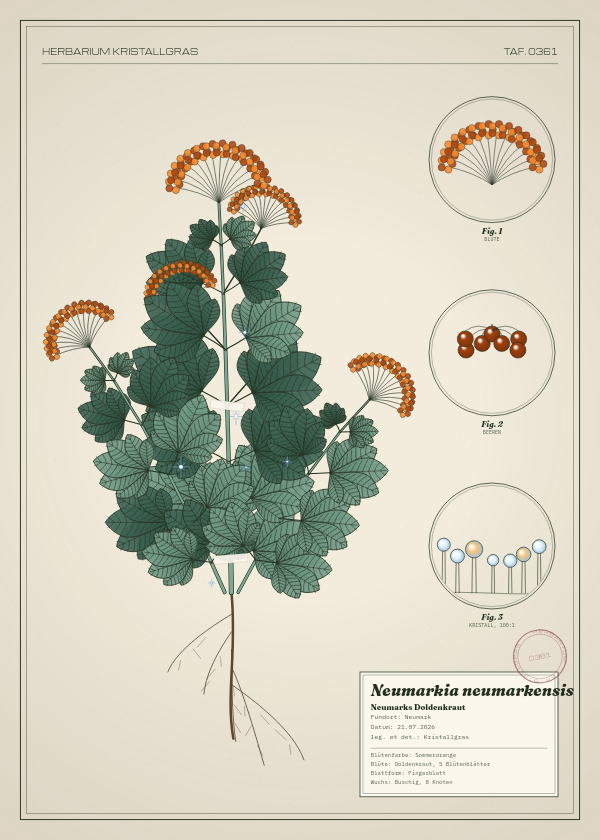 Botanische Tafel: Neumarkia neumarkensis, eine erfundene Pflanze aus Neumark, gezeichnet wie in einem alten Pflanzenatlas