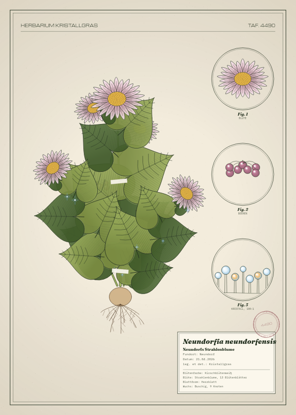 Botanische Tafel: Neundorfia neundorfensis, eine erfundene Pflanze aus Neundorf, gezeichnet wie in einem alten Pflanzenatlas
