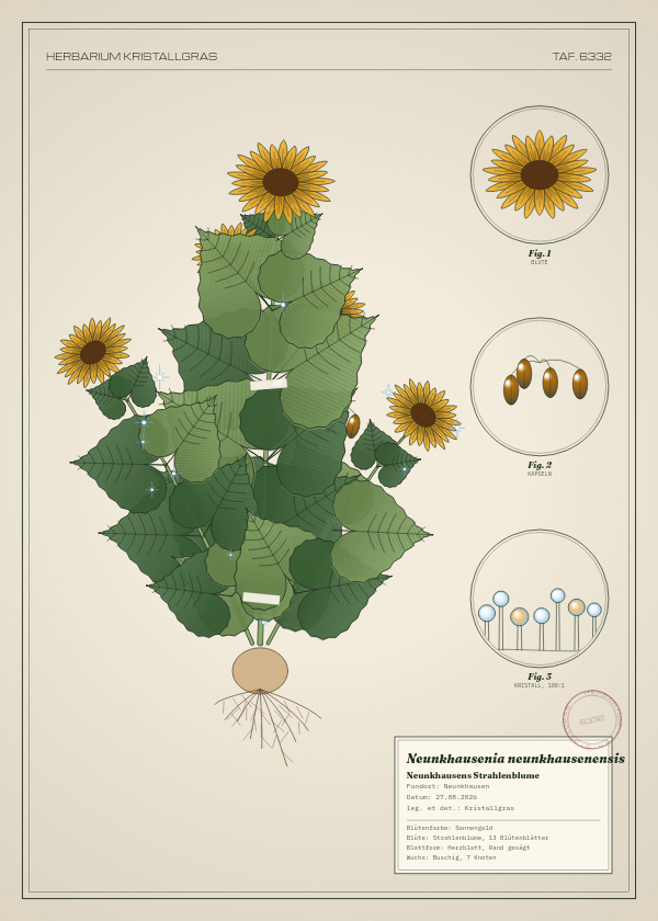 Botanische Tafel: Neunkhausenia neunkhausenensis, eine erfundene Pflanze aus Neunkhausen, gezeichnet wie in einem alten Pflanzenatlas