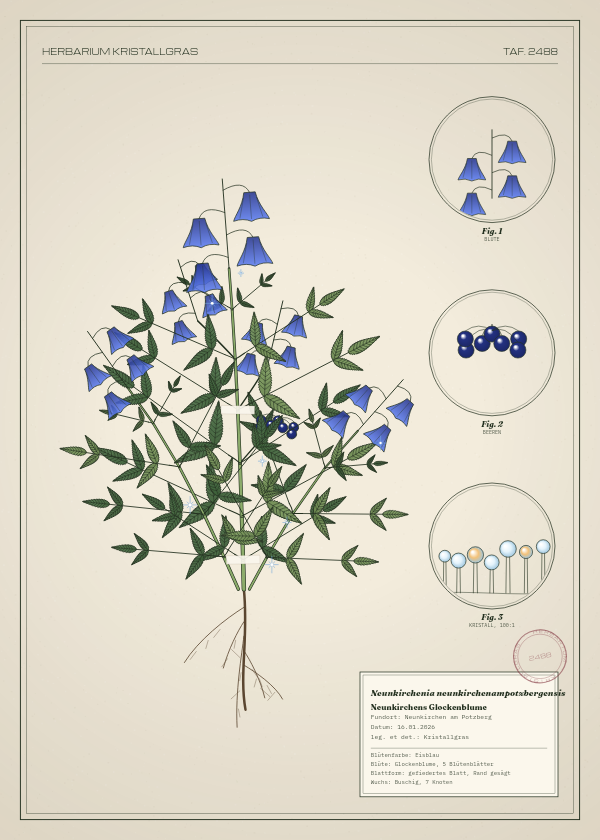 Botanische Tafel: Neunkirchenia neunkirchenampotzbergensis, eine erfundene Pflanze aus Neunkirchen am Potzberg, gezeichnet wie in einem alten Pflanzenatlas