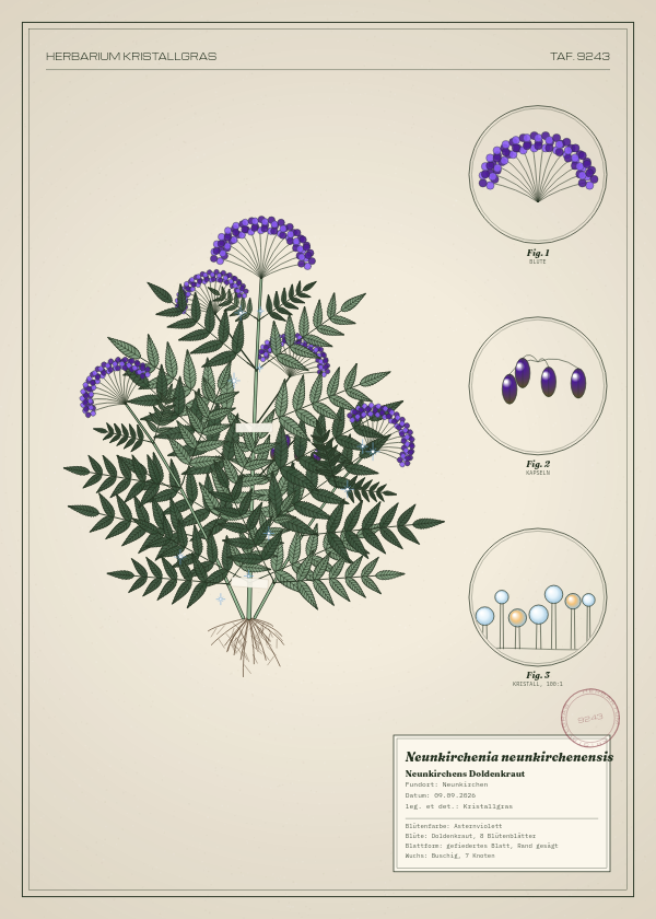 Botanische Tafel: Neunkirchenia neunkirchenensis, eine erfundene Pflanze aus Neunkirchen, gezeichnet wie in einem alten Pflanzenatlas