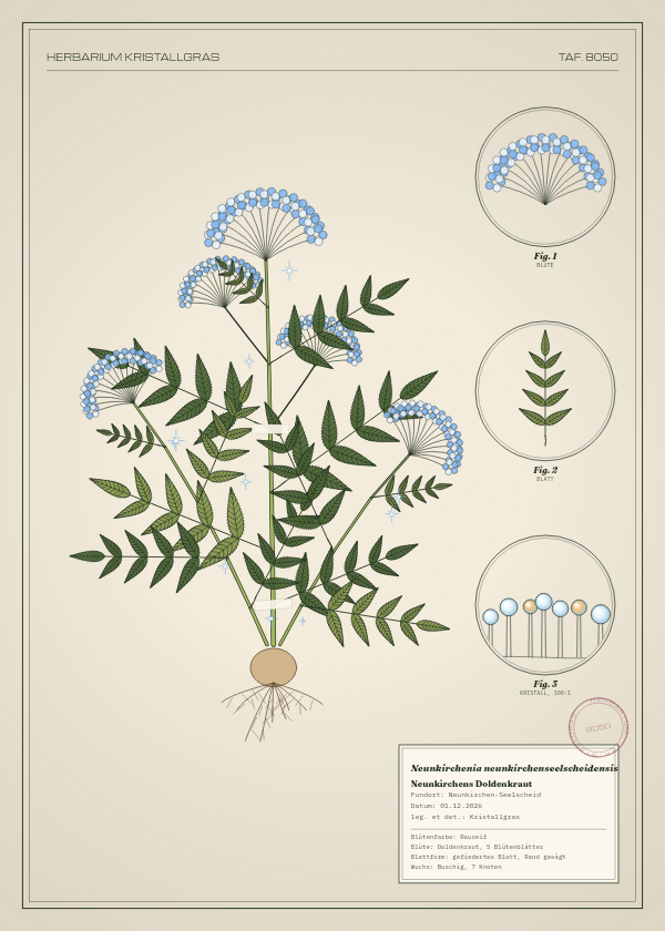 Botanische Tafel: Neunkirchenia neunkirchenseelscheidensis, eine erfundene Pflanze aus Neunkirchen-Seelscheid, gezeichnet wie in einem alten Pflanzenatlas