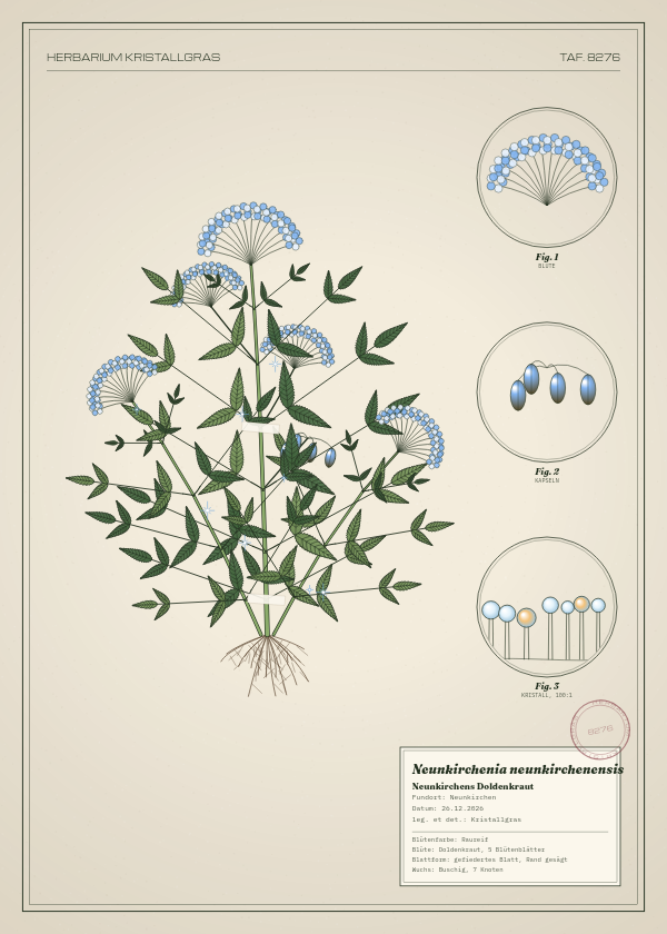 Botanische Tafel: Neunkirchenia neunkirchenensis, eine erfundene Pflanze aus Neunkirchen, gezeichnet wie in einem alten Pflanzenatlas